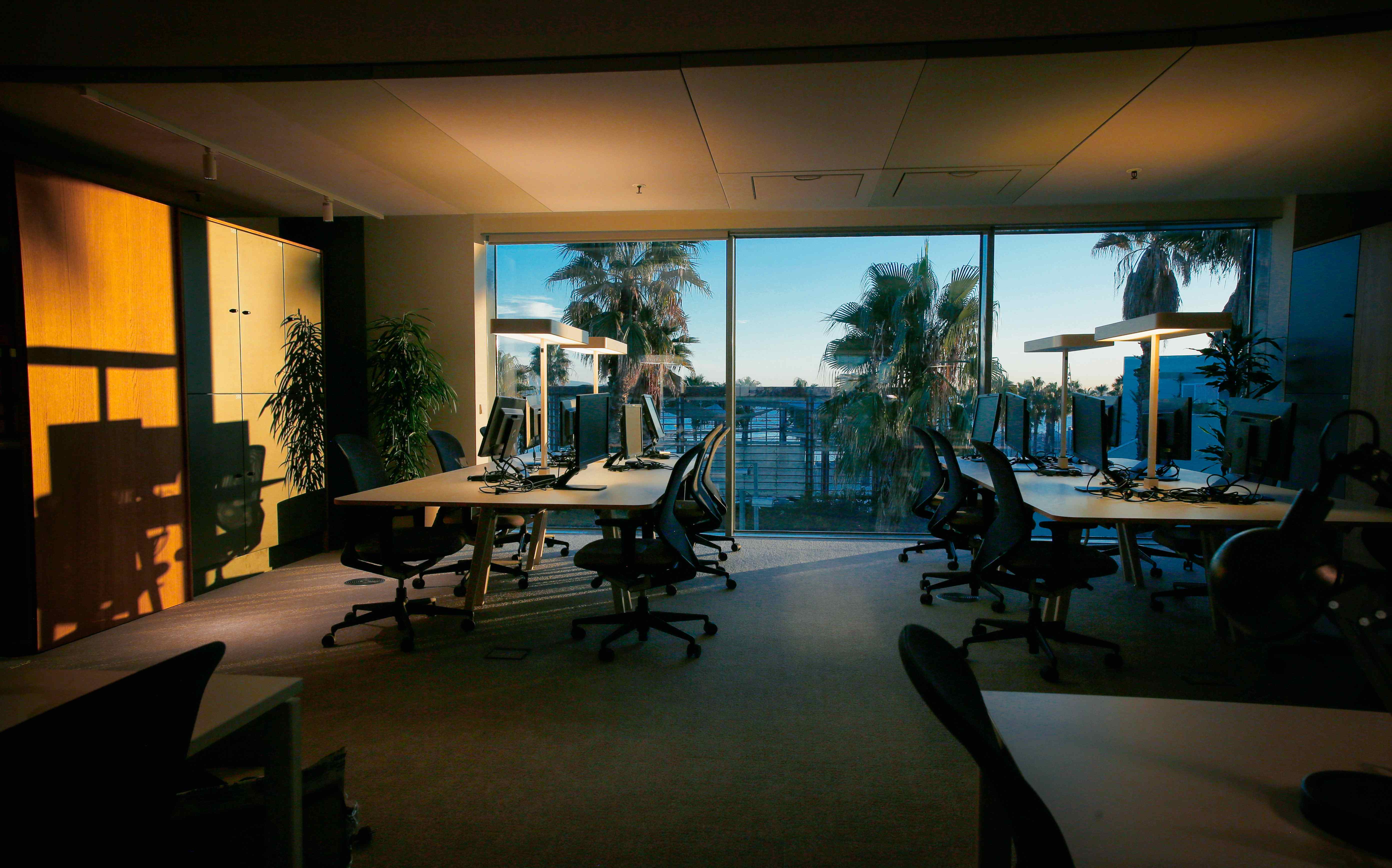 Workshop floor at Norrsken House Barcelona — modern desks lit by warm task lamps with palm trees visible through floor-to-ceiling windows at golden hour.
